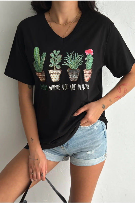 Tilda Cactus Floral Sequin Cotton T-Shirt - Black