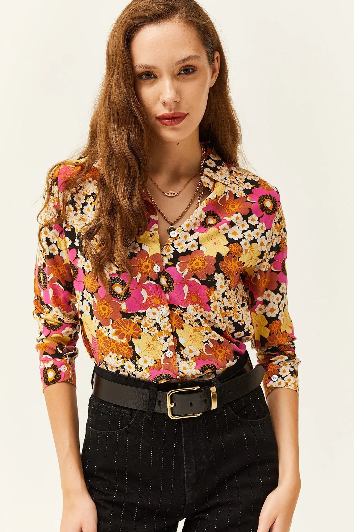 Çiçek Desenli Tasarımcı Düğmeli Gömlek