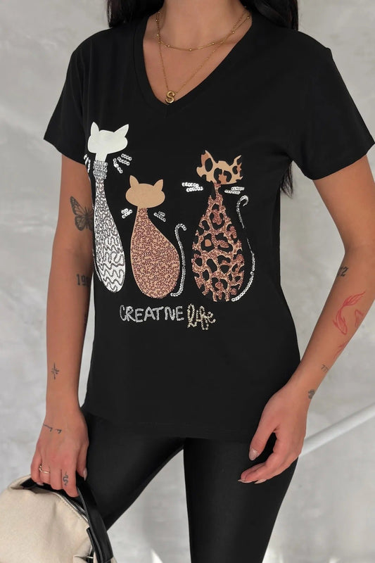 Tilda Cat Sequin Cotton Short Sleeve T-Shirt - Black