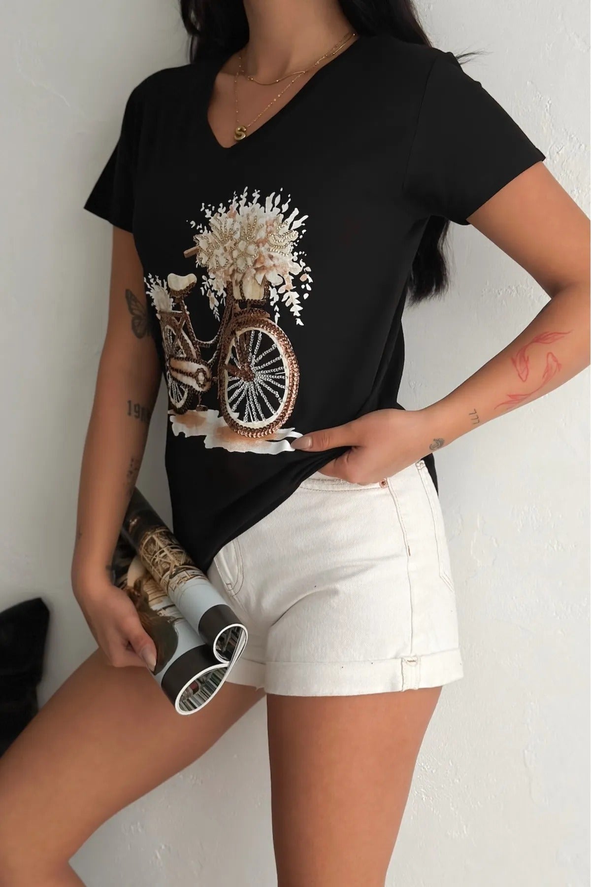 Μπλούζα Tilda Bicycle με πούλιες από βαμβάκι - Μαύρο 