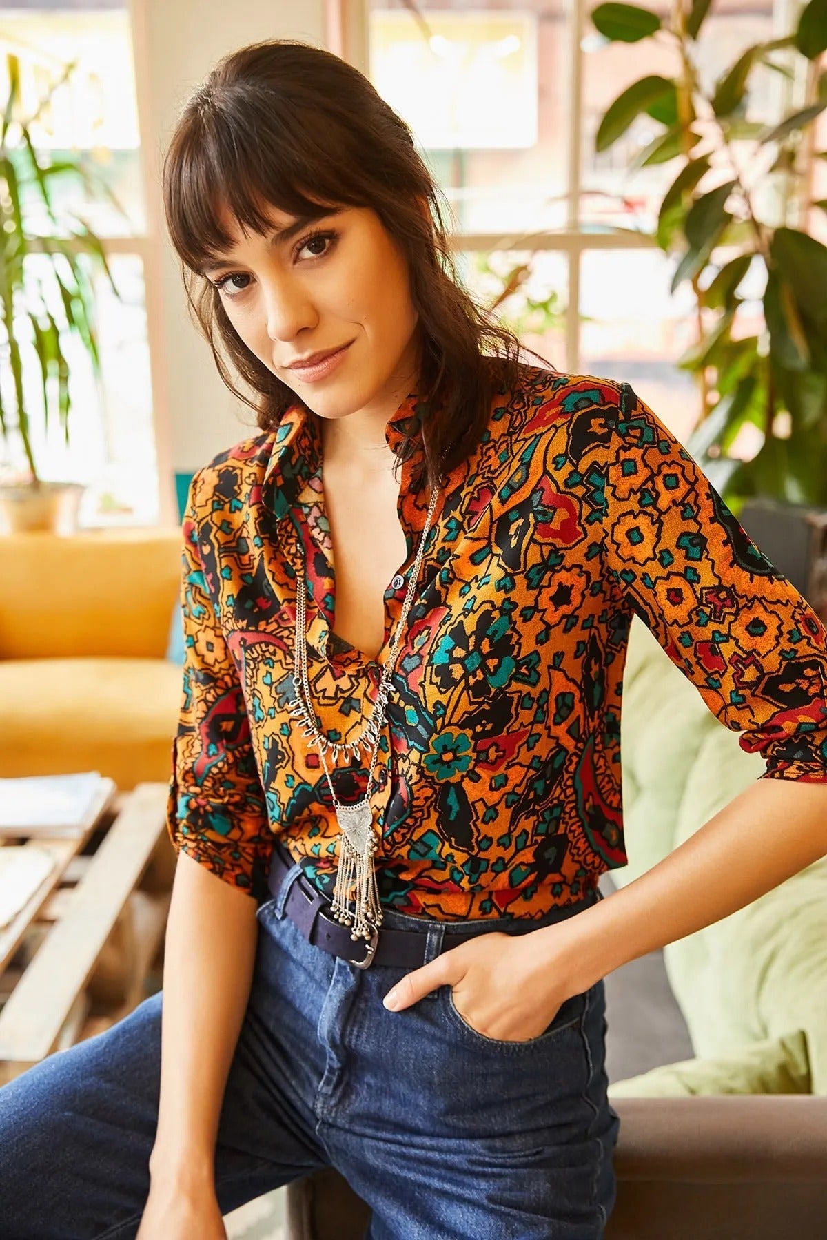 Boho Paisley Desenli Etnik Turuncu Bluz