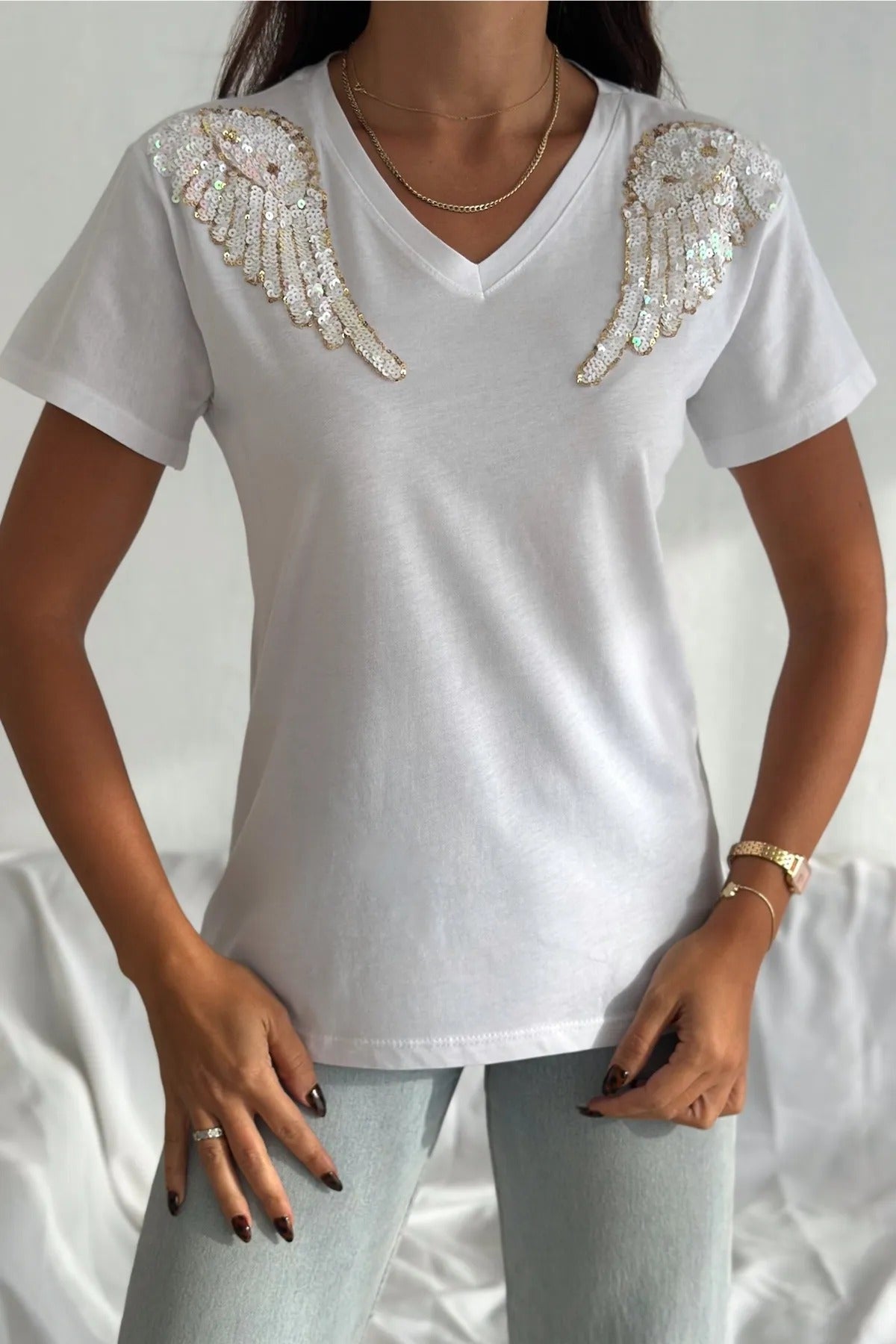 Μπλούζα Tilda Angel με πούλιες από βαμβάκι και κοντό μανίκι - Λευκό 