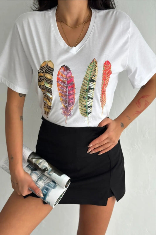 Tilda Leaf Sequin Cotton Short Sleeve T-Shirt - White