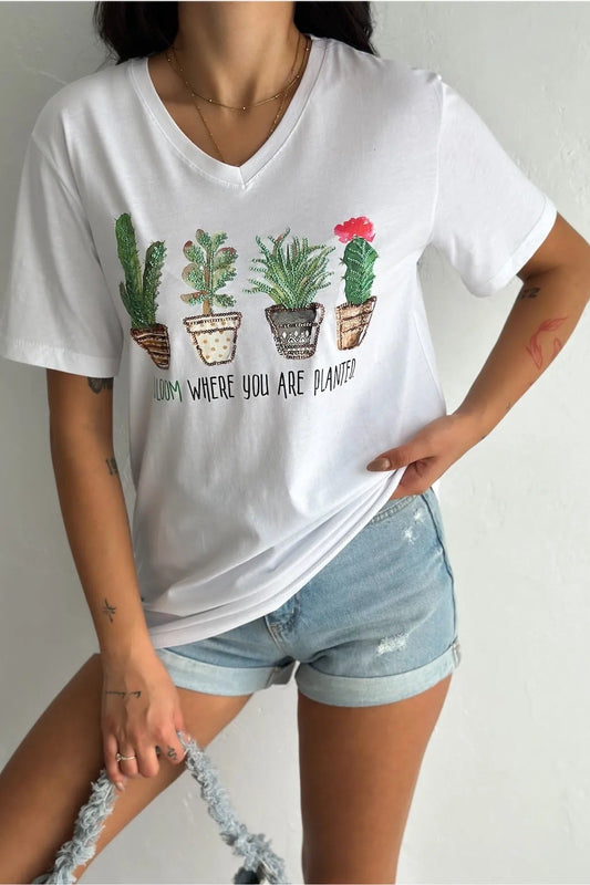 Tilda Cactus Floral Sequin Cotton T-Shirt - White