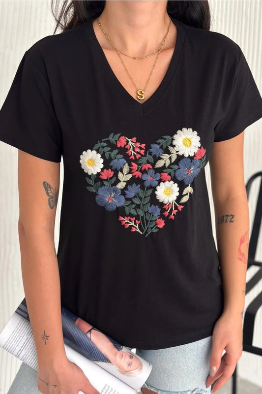 Tilda Black Floral Embroidered T-Shirt