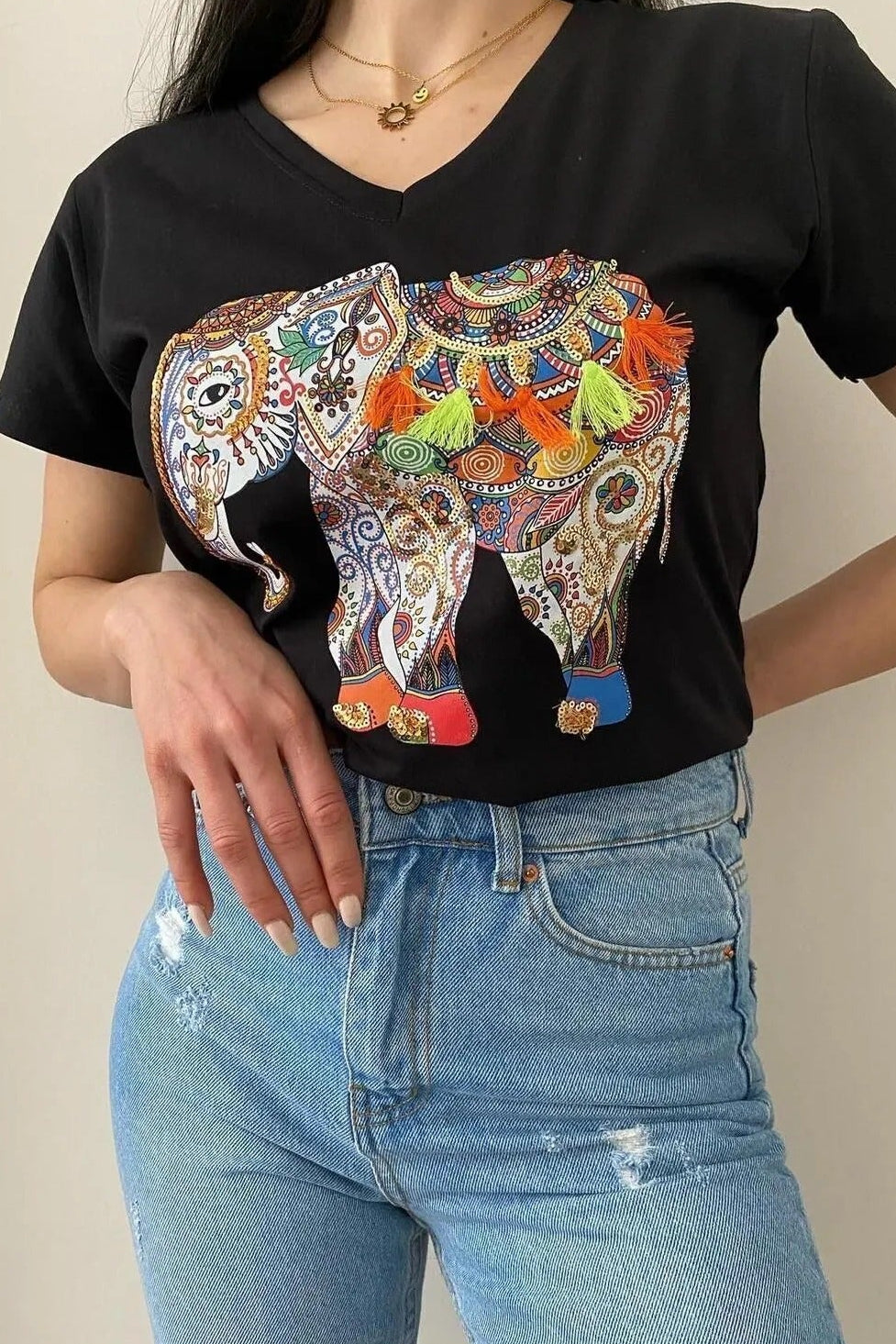Camiseta de algodón Tilda con lentejuelas, diseño floral en negro y azul