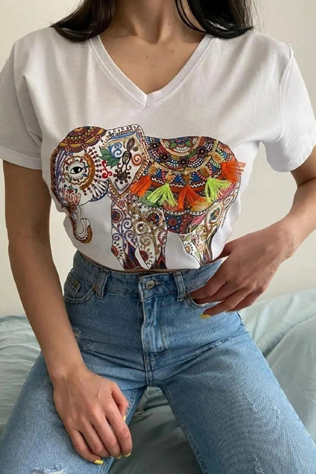 Camiseta de algodón Tilda con lentejuelas, diseño floral en negro y azul