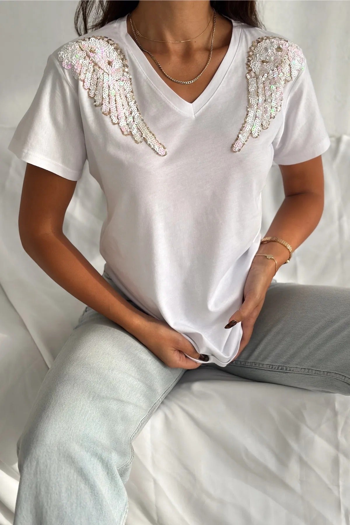 Μπλούζα Tilda Angel με πούλιες από βαμβάκι και κοντό μανίκι - Λευκό 