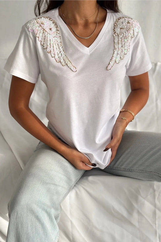 Μπλούζα Tilda Angel με πούλιες από βαμβάκι και κοντό μανίκι - Λευκό 