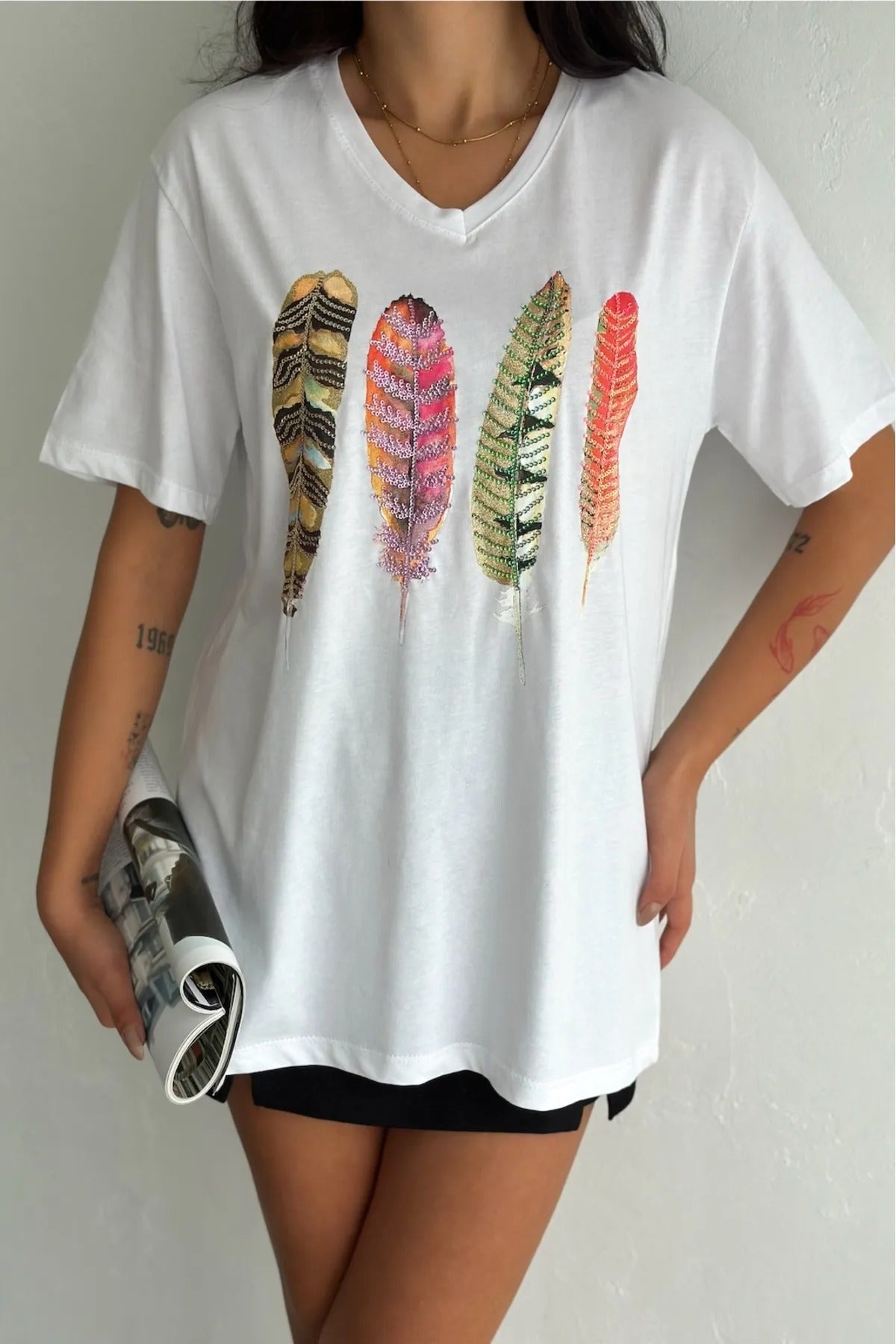 Tilda Yaprak Desenli Payetli Pamuklu Kısa Kollu Tişört - Beyaz 
