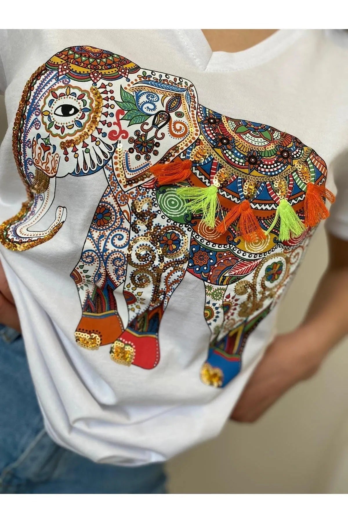 Camiseta de algodón Tilda con lentejuelas, diseño floral en negro y azul
