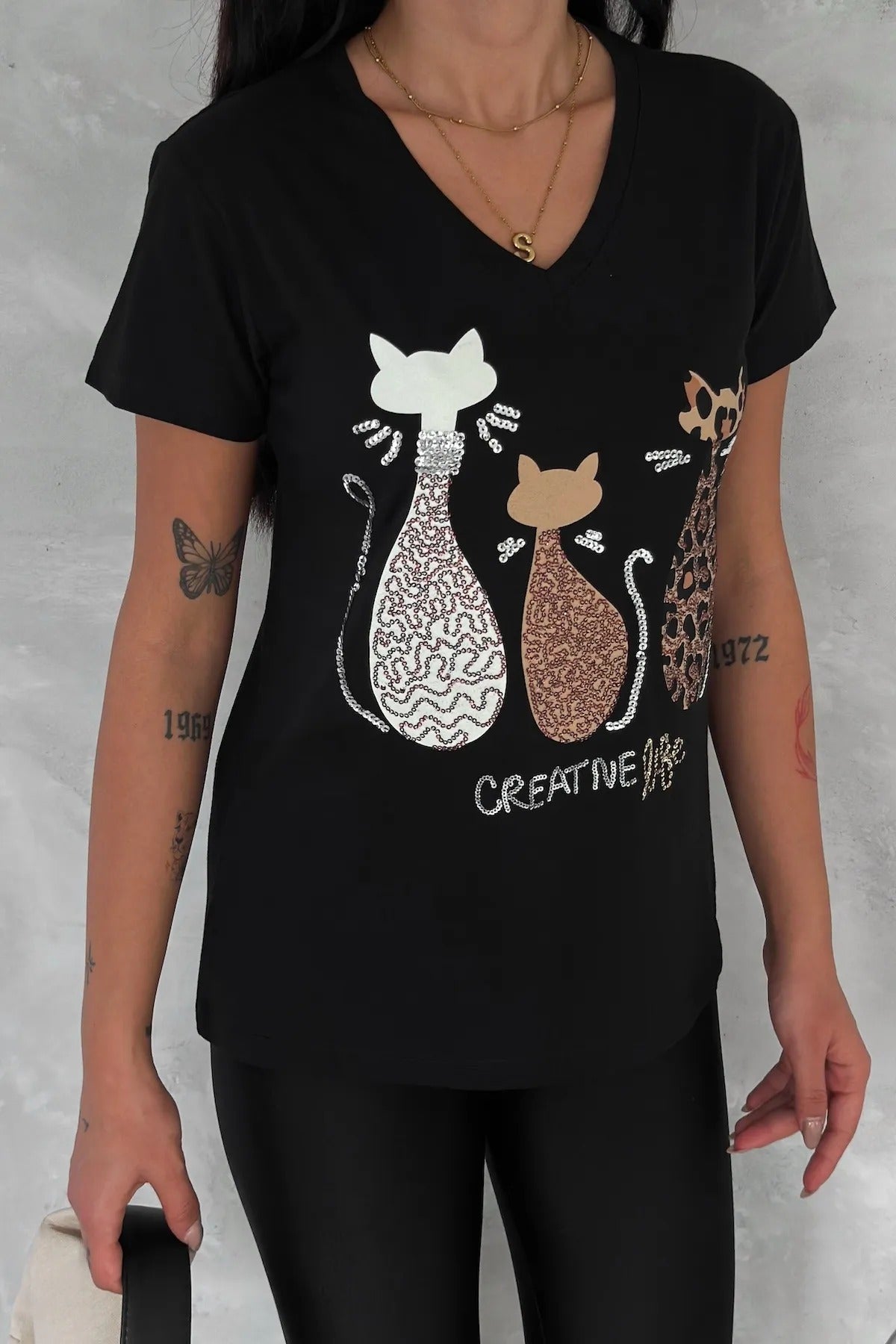 Camiseta de manga corta de algodón con lentejuelas Tilda Cat - Negra