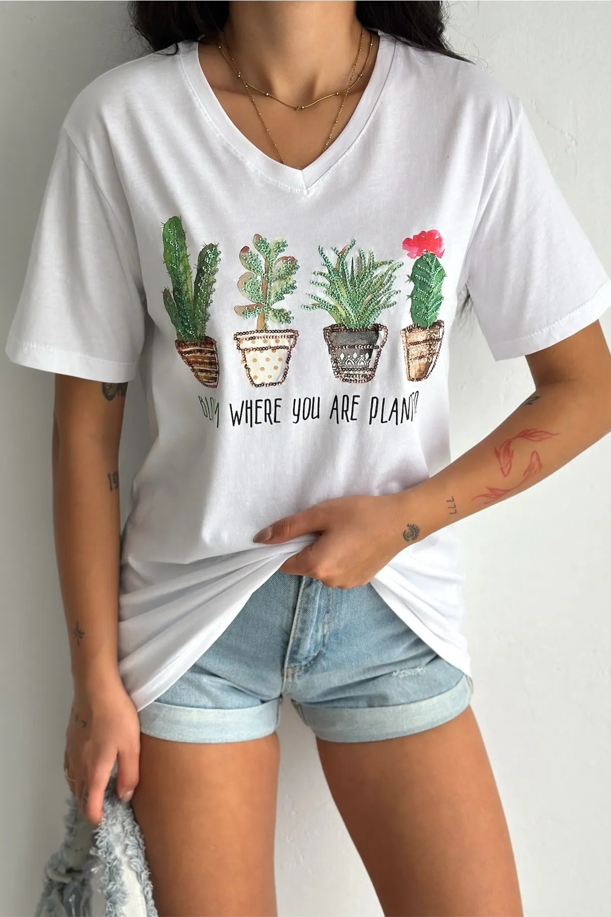 Tilda Kaktüs Çiçekli Payetli Pamuklu Tişört - Beyaz 