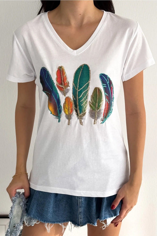 Tilda Colorful Feather Sequin Cotton T-Shirt - White