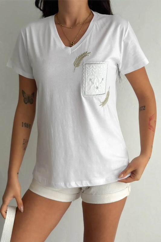 Tilda White Cotton V-neck Pocket T-shirt