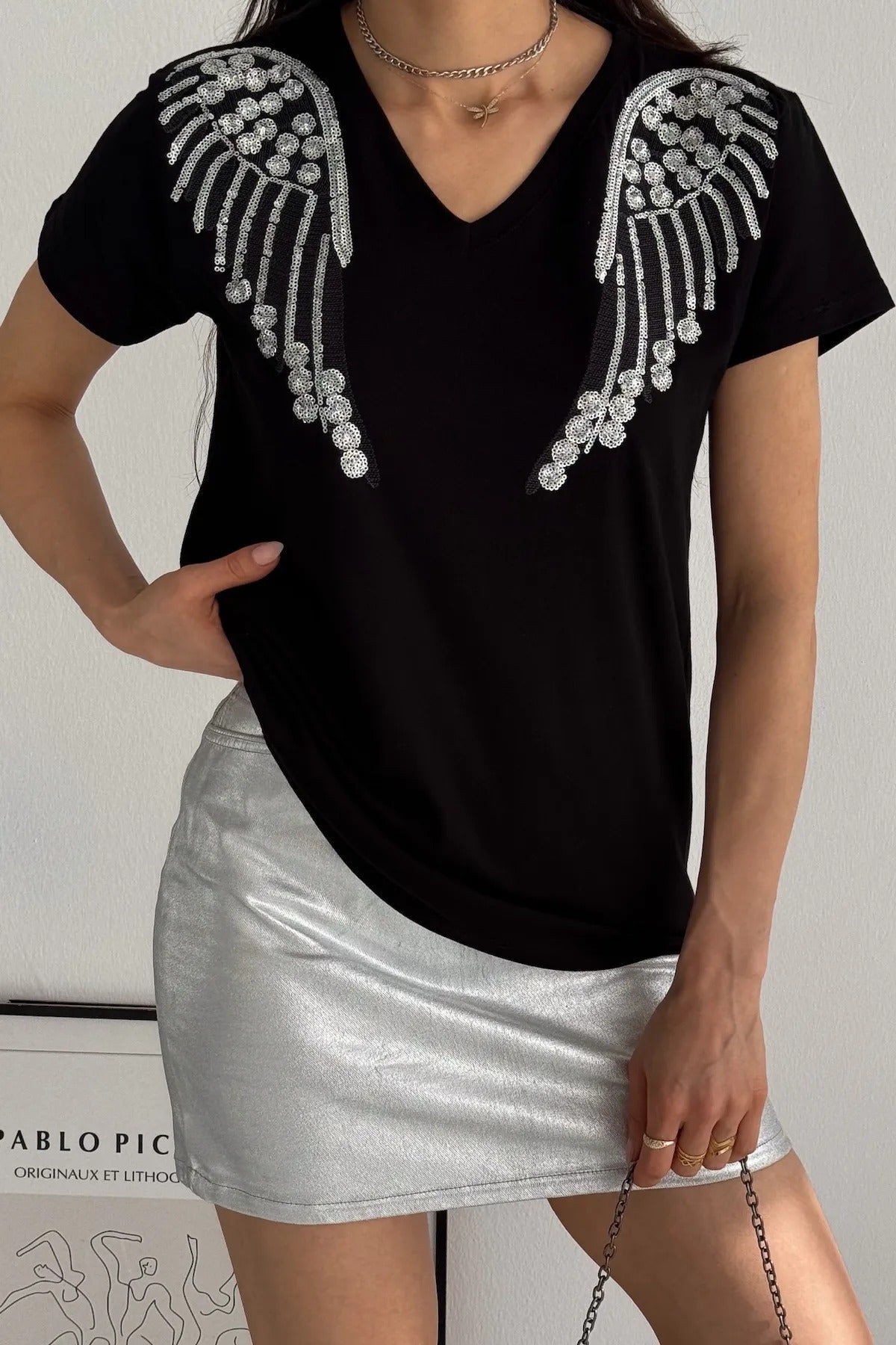 Camiseta de manga corta de algodón con lentejuelas Tilda Angel - Negra