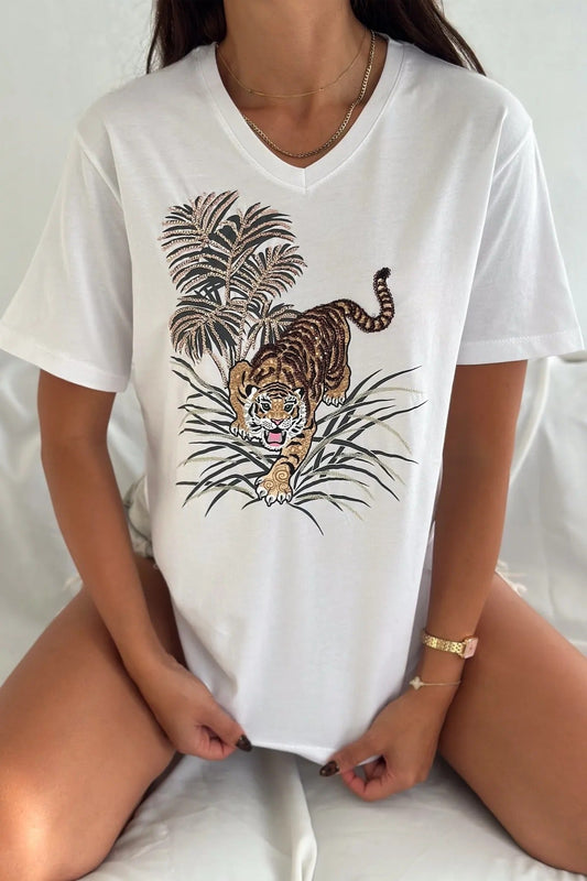 Tilda Leopard Sequin Cotton Short Sleeve T-Shirt - White
