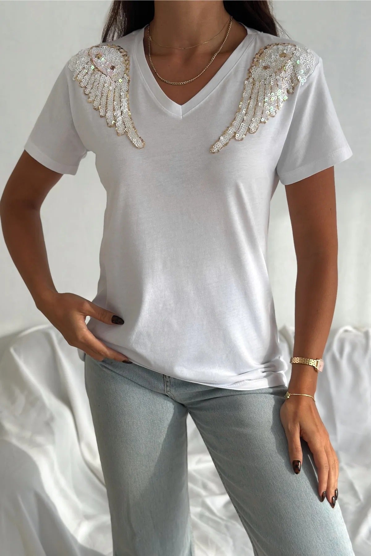 Μπλούζα Tilda Angel με πούλιες από βαμβάκι και κοντό μανίκι - Λευκό 