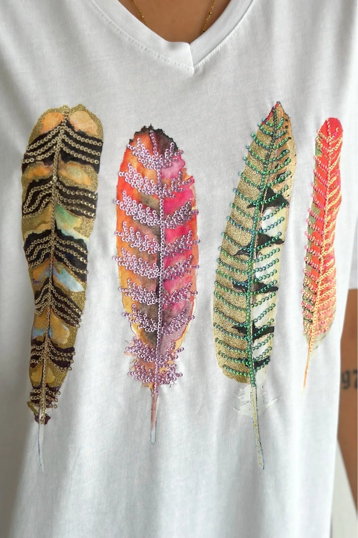 Tilda Yaprak Desenli Payetli Pamuklu Kısa Kollu Tişört - Beyaz 