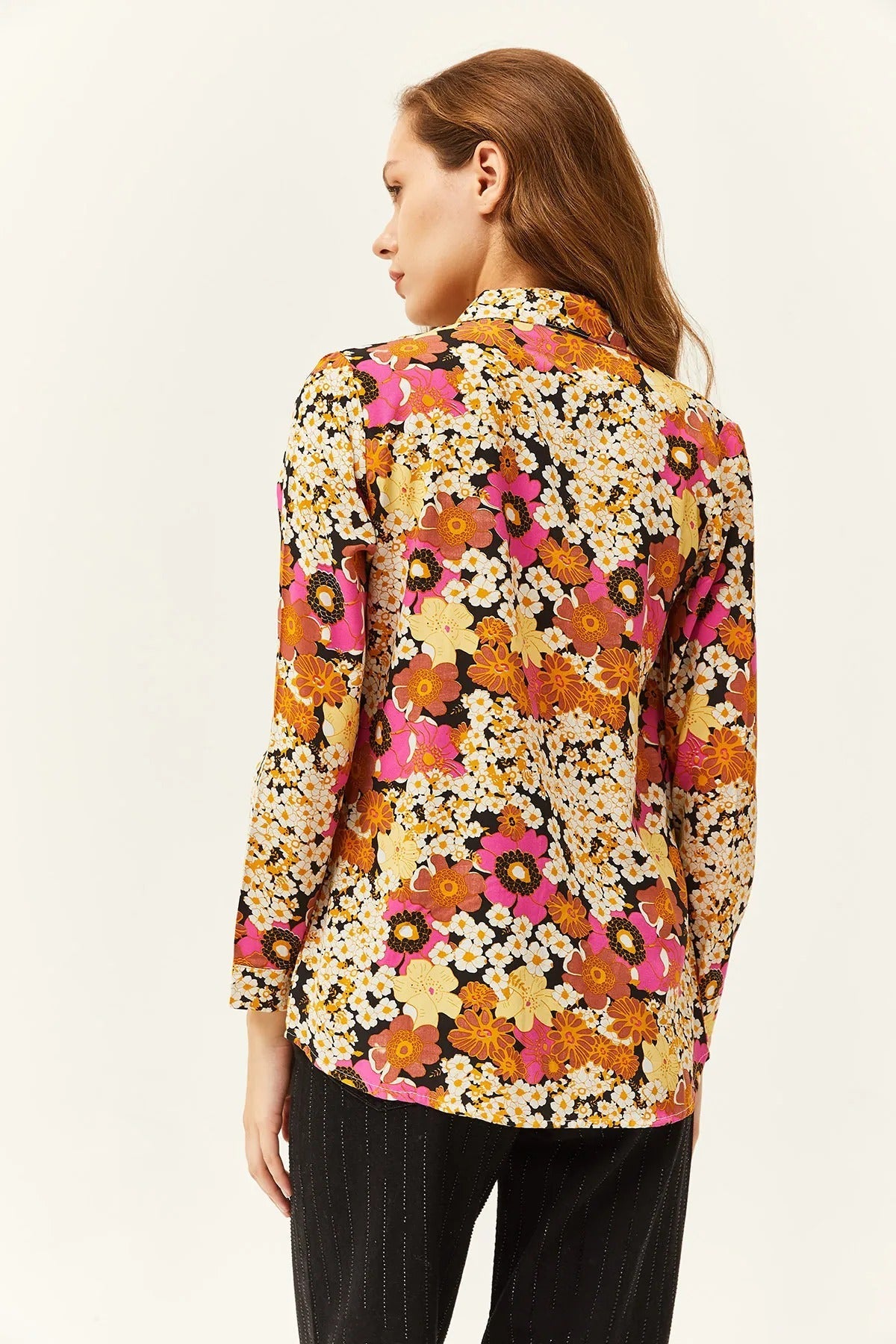 Çiçek Desenli Tasarımcı Düğmeli Gömlek