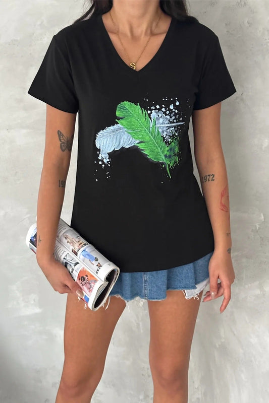 Tilda Leaf Sequin Cotton Short Sleeve T-Shirt - Black