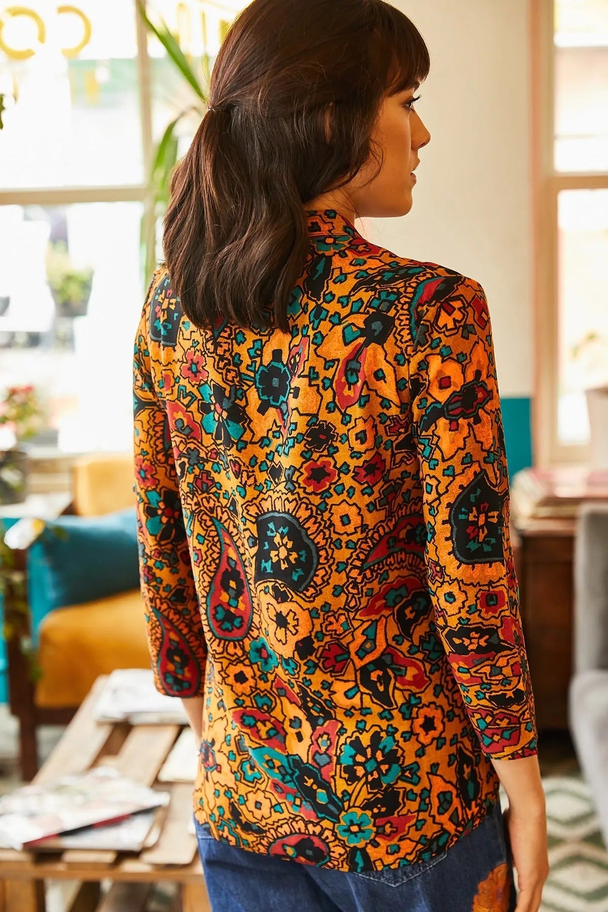 Boho Paisley Desenli Etnik Turuncu Bluz
