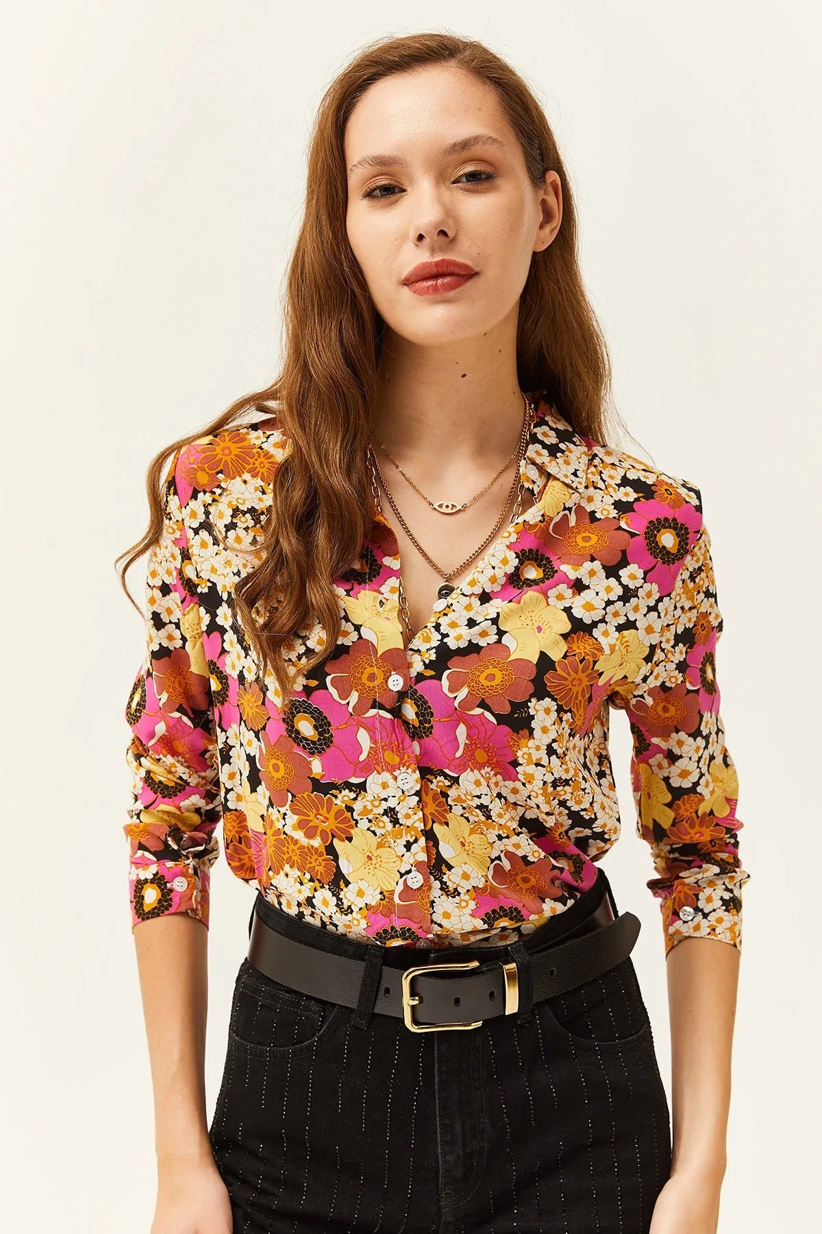 Çiçek Desenli Tasarımcı Düğmeli Gömlek