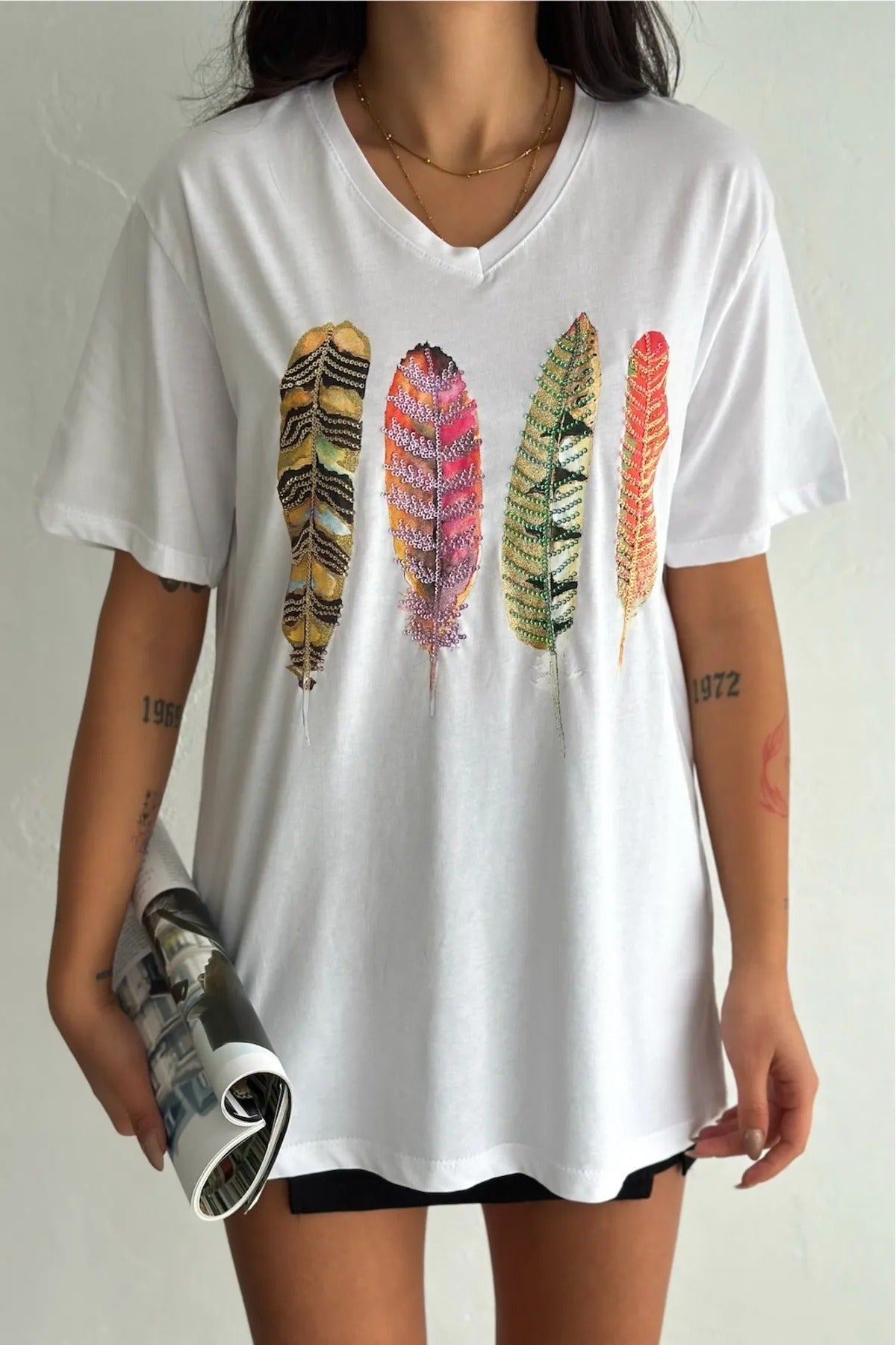 Tilda Yaprak Desenli Payetli Pamuklu Kısa Kollu Tişört - Beyaz 