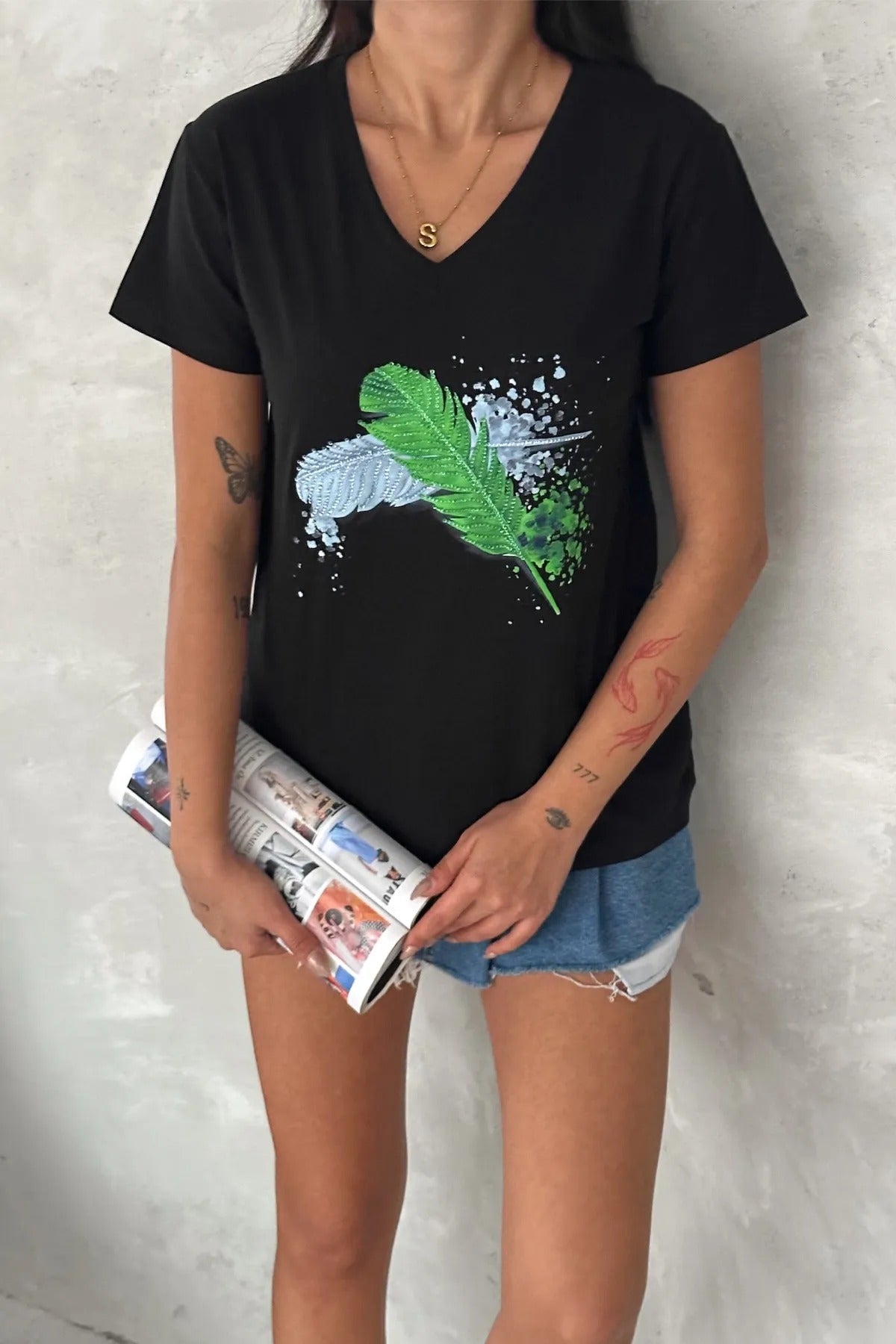 Tilda Yaprak Desenli Payetli Pamuklu Kısa Kollu Tişört - Siyah 