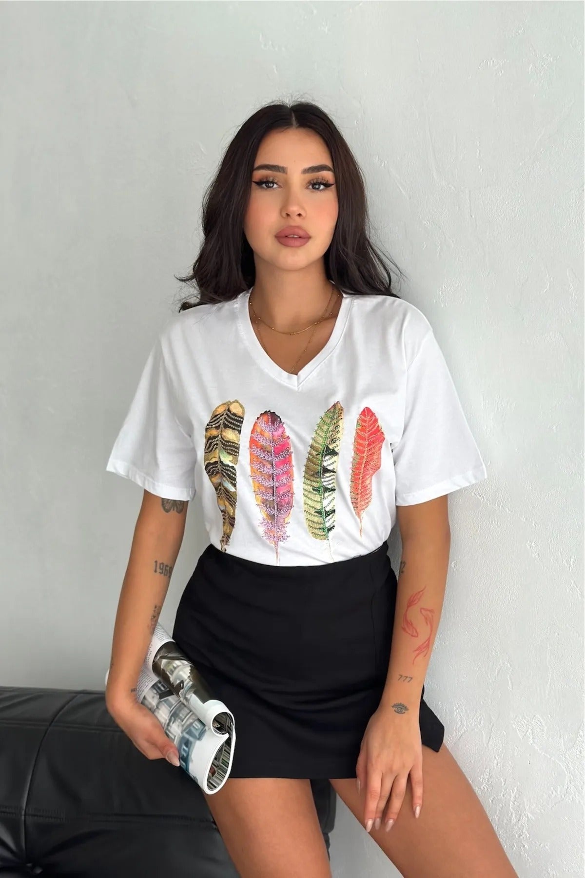 Tilda Yaprak Desenli Payetli Pamuklu Kısa Kollu Tişört - Beyaz 