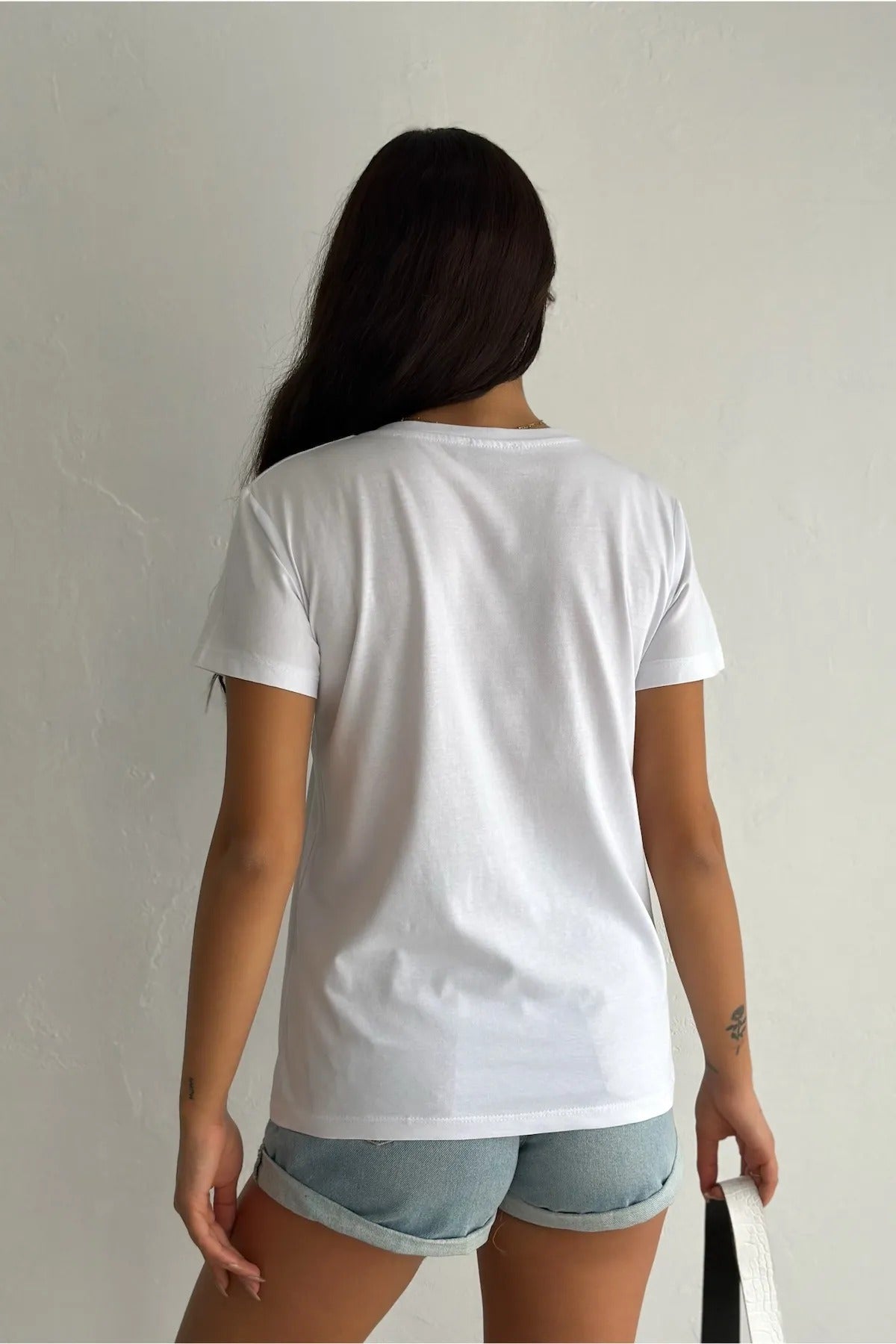 Tilda Kaktüs Çiçekli Payetli Pamuklu Tişört - Beyaz 