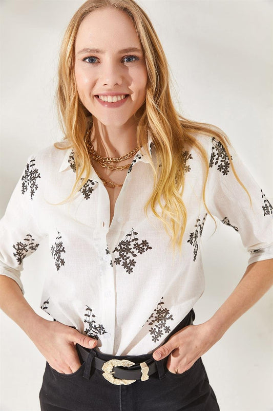 Verona Black Leaf Print Linen White Blouse