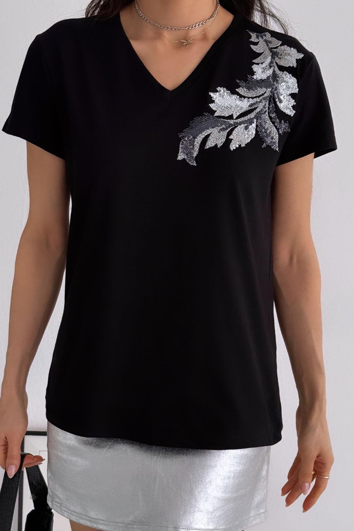 Μαύρο μπλουζάκι Tilda με λαιμόκοψη V και ασημένια διακοσμητικά φύλλα πούλιες 