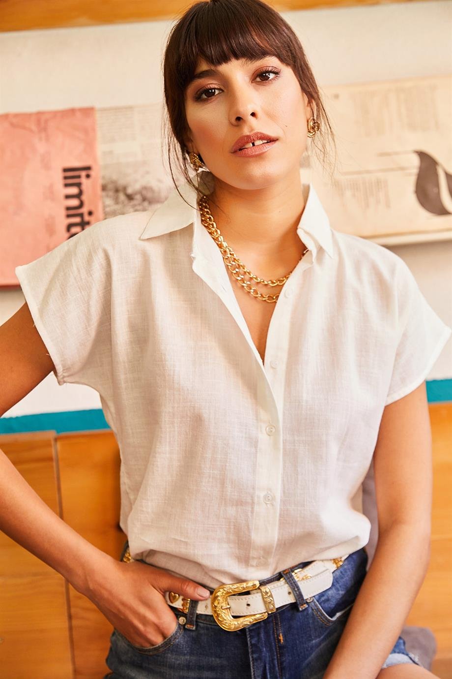 Adele Classic Linen Blend Button Down Short Sleeve Shirt