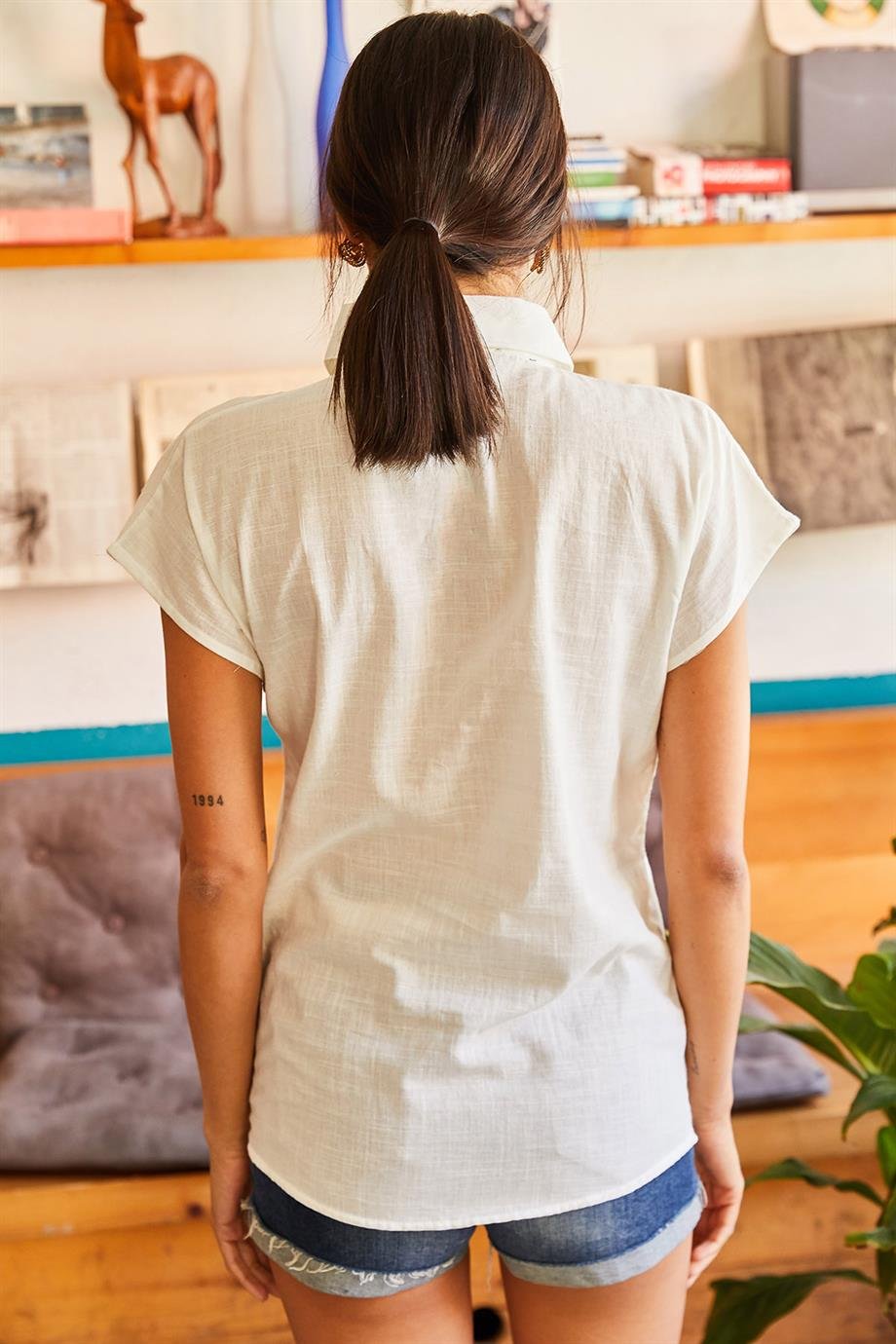 Adele Classic Linen Blend Button Down Short Sleeve Shirt